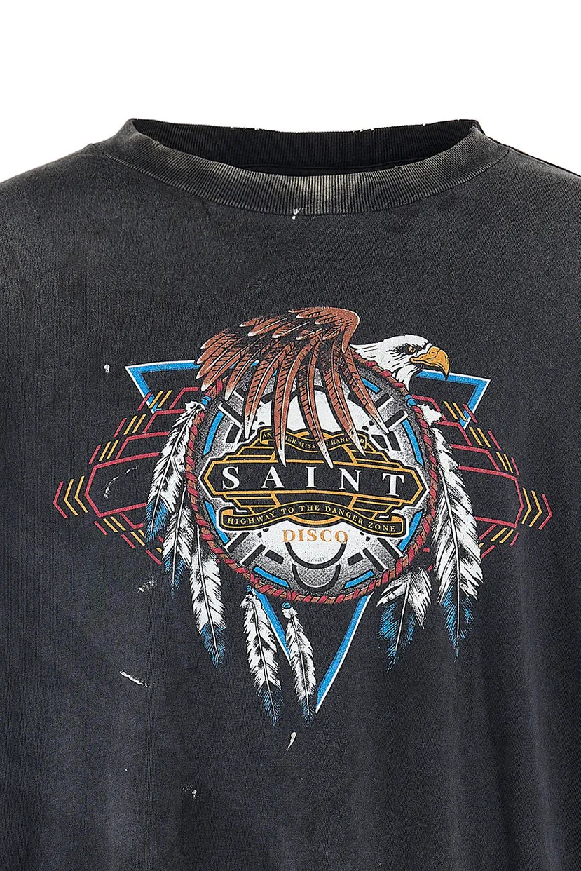 SAINT Mxxxxxx x TEFLON DISCO SAINT DISCO ML_LS TEE/BLK Eagle Feather Spider Web Distressed Long Sleeve S-XL Ready-to-wear Assute dyeing, water spray fading treatment, customized TEFLON DISCO co-branded accessories, hand-splashed ink, wormhole fraying treatment, genuine level printing process